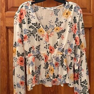 O'Neill Cream Floral V-Neck Peplum Blouse with Coral, Yellow & Blue Flowers